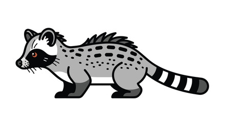 Fototapeta premium Stylized vector graphic of a genet with facial mask, spotted body, and striped tail, rendered in a clean modern illustration style designed for