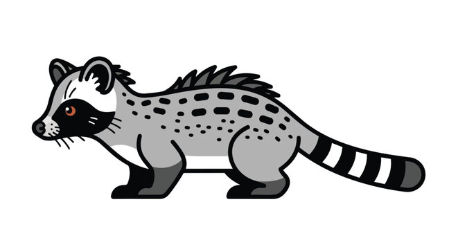 Stylized vector graphic of a genet with facial mask, spotted body, and striped tail, rendered in a clean modern illustration style designed for