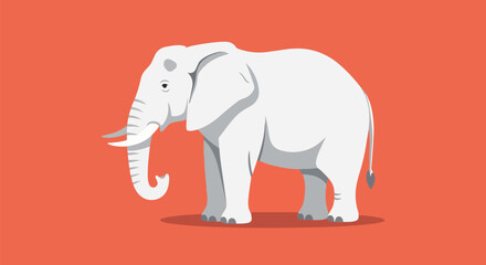 Obraz premium Stylized white elephant illustration standing against a vibrant coral background showcasing minimalist flat design artistry