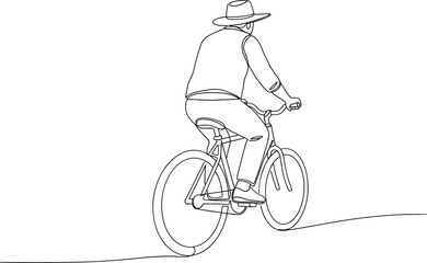 Fototapeta premium Continuous one line drawing of a man with a hat riding a bicycle for healthy lifestyle