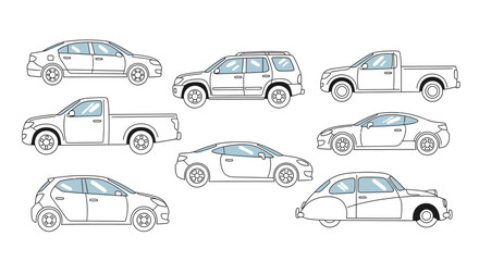 Collection of various car models outlined on a white background vector illustration