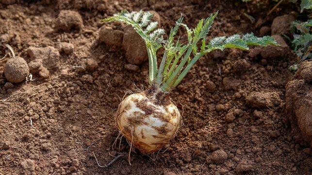 maca. Single root resembling a turnip, freshly pulled from dry soil. gardening catalogs, home-decor guides, designed for gardening and botanical catalogs, celebrates nature.