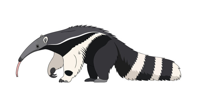 Detailed animated portrayal of a giant anteater exhibiting its unique form and foraging posture