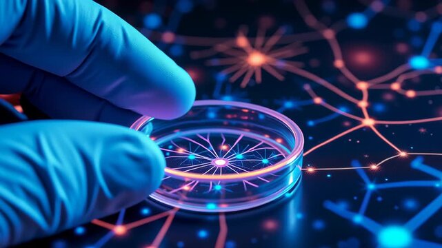 Petri dish glowing neural network pattern held by gloved hand showcasing scientific research innovation and advanced technology