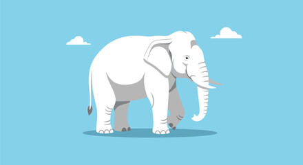 Fototapeta premium Majestic Albino Elephant Illustration Amidst Serene Blue Sky and Fluffy White Clouds