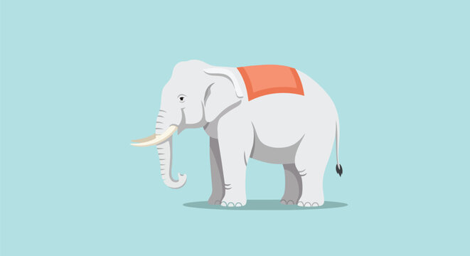 Elegant white elephant with orange saddle blanket illustration on a serene blue background artwork