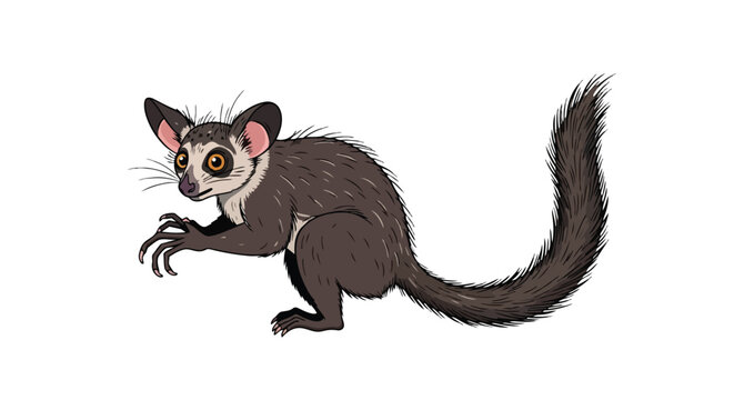 A unique nocturnal primate, the aye-aye, depicted in an engaging cartoon style illustration, showcasing its distinctive features