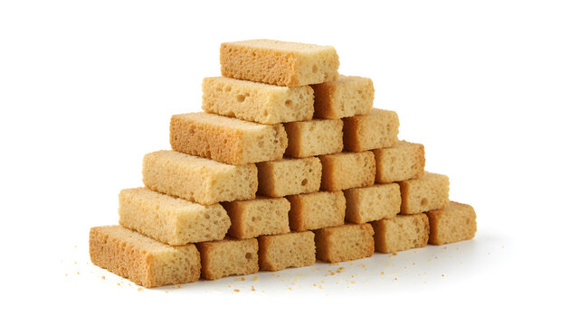 Golden crunchy croutons stack creating a stable pyramid structure