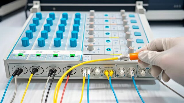 Yellow cable connection medical device with gloved hand adjusting fiber optic cable and testing network equipment laboratory