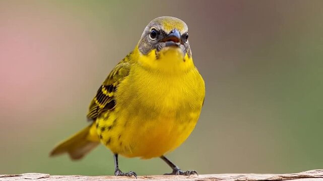 Close up of a vibrant yellow finch bird perched on a wooden branch looking curious with a soft green background.