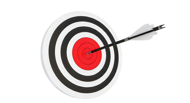 Black and white archery target with red bullseye and arrow hit isolated on transparent background