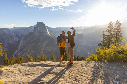 Hikers mobile phone selfie Yosemite  Park 
