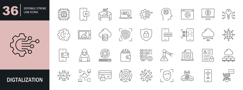 Digitalization icon set. Editable line icons. Vector illustration.