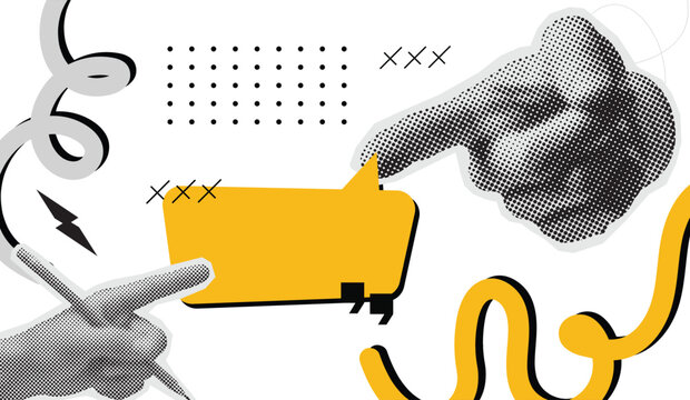Abstract collage with halftone hands pointing at empty yellow speech bubble for text message