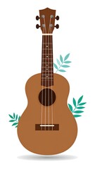 Obraz premium A brown ukulele with green leaves on a white background