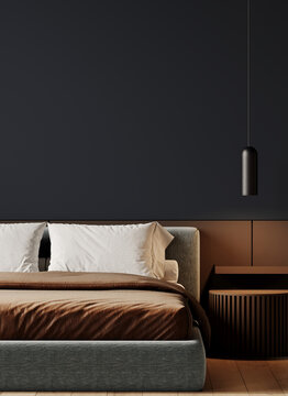 Vertical frontal scene bedroom in hotel room. Dark mockup wall for art