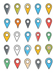 A collection of 25 colorful map pin icons on a white background