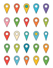 A collection of 25 colorful map pin icons