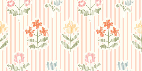 Seamless pattern with freehand ink doodle abstract flowers. Trendy vertical stripes floral embroidery stitch background. Hand drawn vector illustration. Boho, cottage core, needlework retro wallpaper. © Radiocat