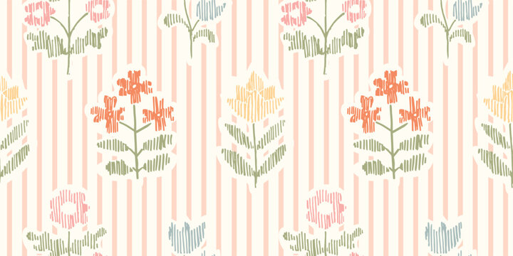Seamless pattern with freehand ink doodle abstract flowers. Trendy vertical stripes floral embroidery stitch background. Hand drawn vector illustration. Boho, cottage core, needlework retro wallpaper.