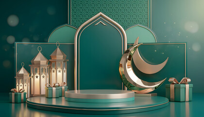 Elegant Islamic Celebration Podium with Golden Crescent Moon and Lanterns for Ramadan or Eid Greeting Card Background