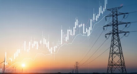 An electrical power transmission tower with a stock market graph overlay at sunrise