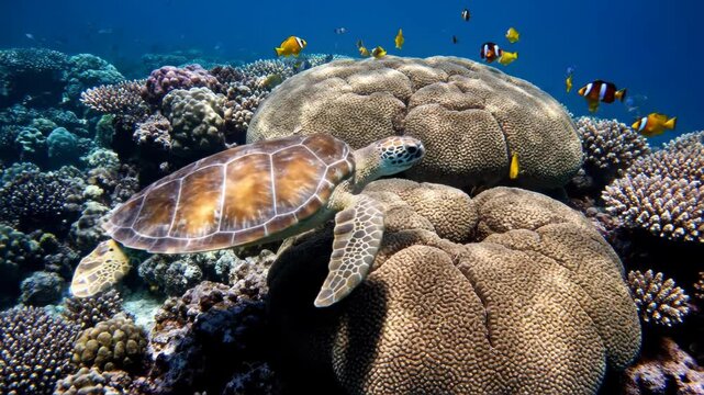 Underwater Scene with Coral Reef and Sea Turtle.