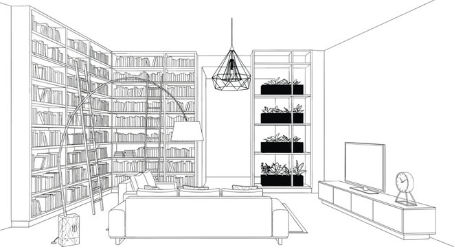 Architectural line drawing of a modern library living room with corner bookshelf ladder and indoor planters