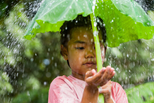Girl smiling under large leaf sheltering from summer rain