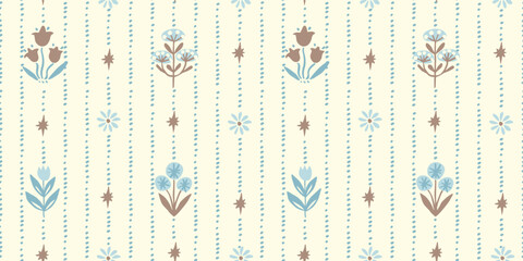 Seamless pattern with freehand ink doodle abstract flowers. Trendy floral vertical stripe background. Hand drawn vector illustration. Boho, cottage core, retro wallpaper in blue and brown. © Radiocat