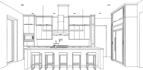 Fototapeta premium Architectural line drawing of a modern luxury kitchen with large island bar stools and integrated appliances