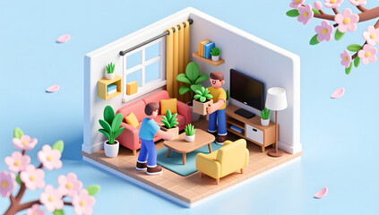 Naklejka premium People selecting furniture for modern living rooms in spring