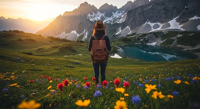 Backshot of woman hiker overlooking mountain lake at sunset