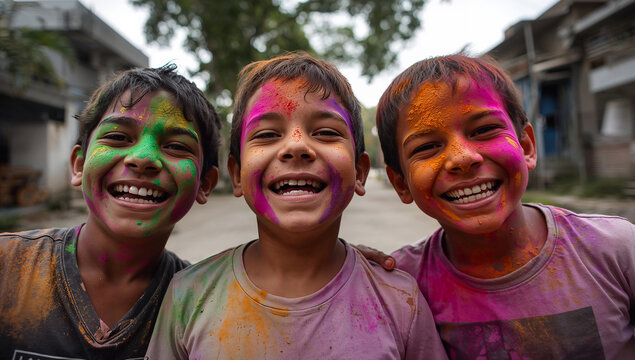 Three laughing boys with faces covered in vibrant Holi powder, sharing a moment of pure joy and celebration in an outdoor setting.
