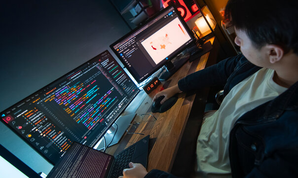 Programmers are relax while writing code and developing software or websites, using programming languages ​​such as JavaScript and C++,testing and debugging to ensure the system works efficiently.