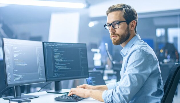 Focused Male Programmer Working on Dual Monitors in Modern Office.