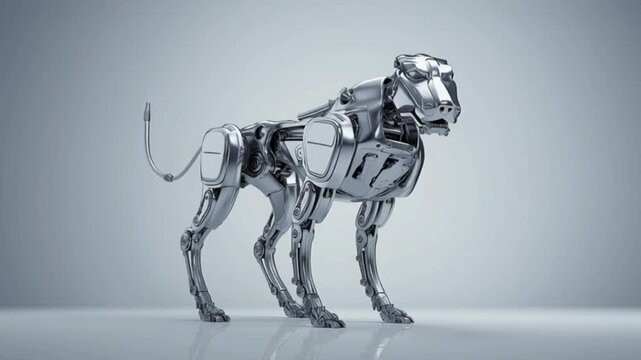 Futuristic robotic dog made of transparent chrome metal, advanced artificial intelligence quadruped machine standing in studio, cyber technology concept with reflective mechanical body, innovation pro