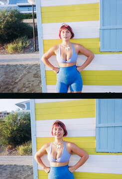 Beachside Fitness Pose in Colorful Setting at Sunset