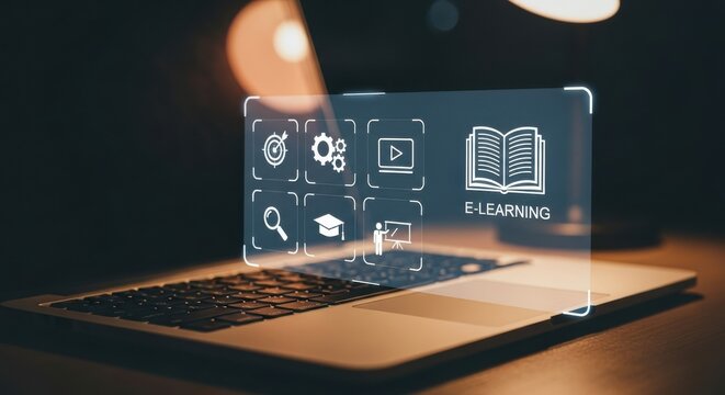 Laptop with elearning icons on screen in dark room with glowing light