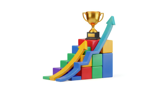 Golden trophy on colorful rising graph steps success growth achievement business concept 3d illustration isolated on transparent background