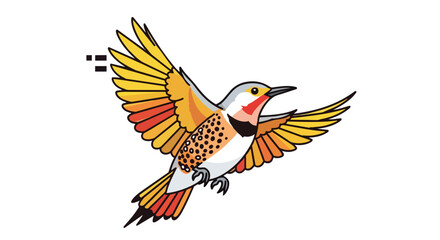 Fototapeta premium A dynamically rendered stylized bird showcasing its radiant colorful plumage and graceful outstretched wings captured mid-flight against a crisp
