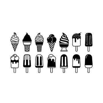 Ice cream and popsicle vector icon set, black and white dessert silhouettes for summer food menu design