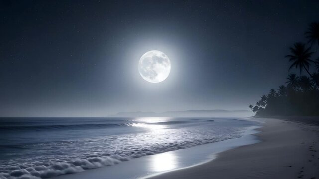 Moonlit beach with waves crashing under a full moon tropical palm trees nighttime serene coastal 4K HD high quality video.
