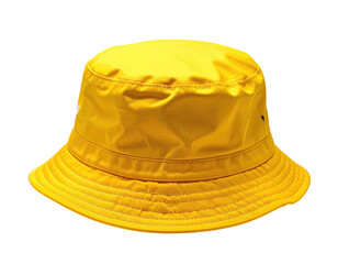 Fototapeta premium Bright yellow bucket hat isolated against a black background, close-up