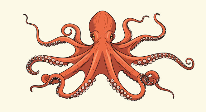 Vibrant orange octopus illustration showcasing intricate tentacles and suction cups against a minimalist background, depicting marine life in an