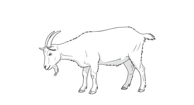 Detailed monochromatic illustration of a standing domestic goat, ready for various design applications