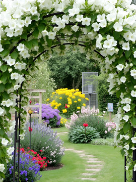Garden with blooming laburnum arch during spring time