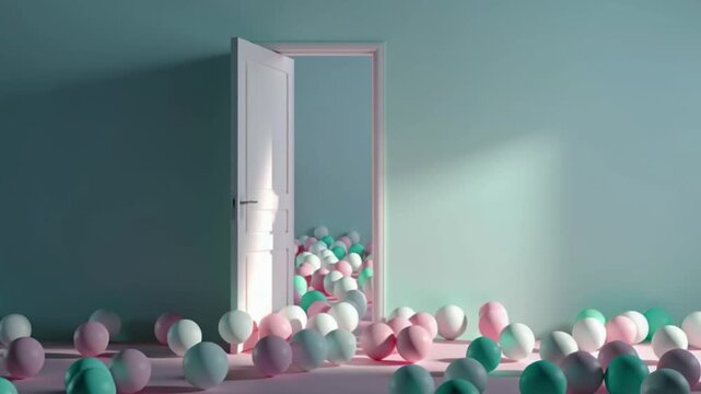 open door pastel room opportunity choice minimal creative concept, doorway revealing colorful spheres spilling into empty interior symbolic chance decision future imagination abstract design modern ba