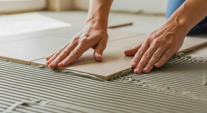 close up of a professional tiler hands laying large beige ceramic floor tiles on fresh adhesive mortar