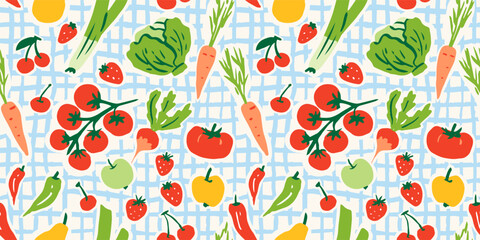 Seamless pattern with ink doodle abstract fruits and vegetables on blue grid. Trendy aesthetic farmer market background. Hand drawn vector illustration. Fresh, vibrant, vegetarian organic wallpaper. © Radiocat